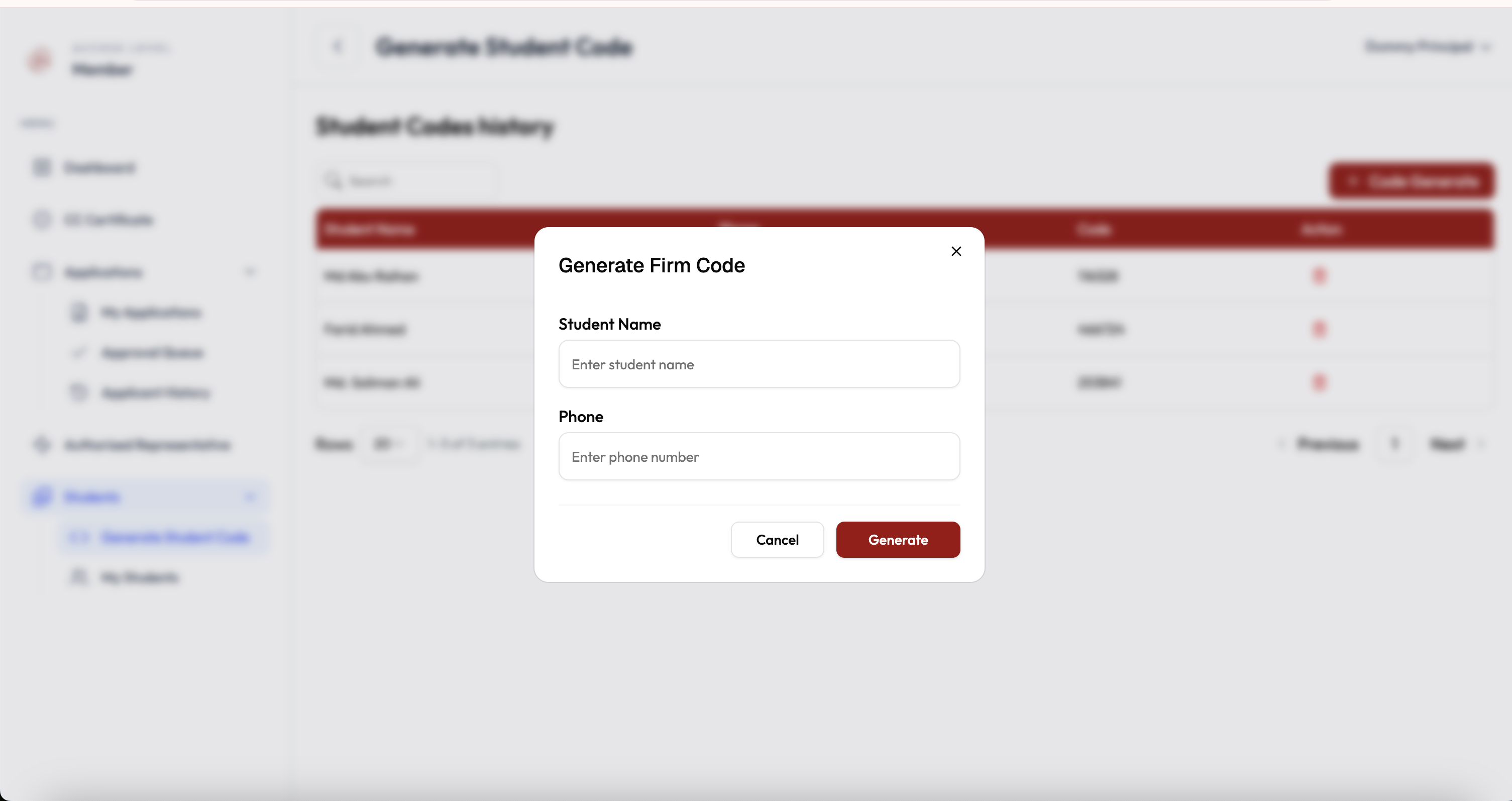 Generate Firm Code dialog with Student Name and Phone fields, Cancel and Generate buttons
