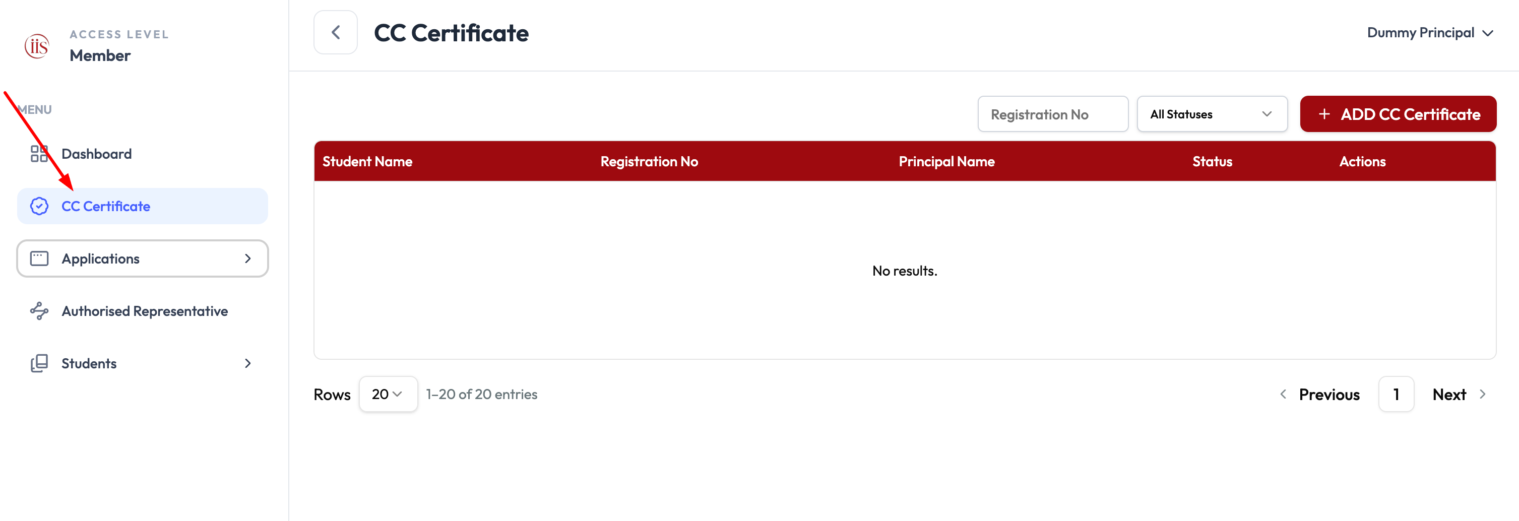 CC Certificate page with a table of student name, registration number, principal name, status, and actions, and an ADD CC Certificate button