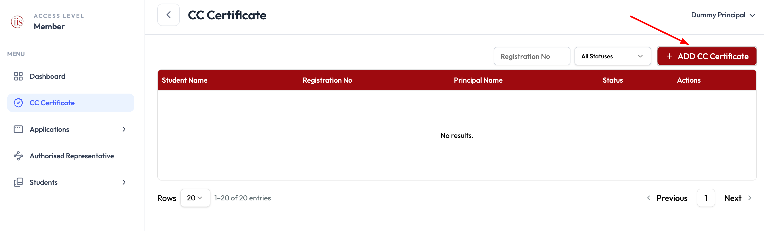 ADD CC Certificate button above the CC Certificate table