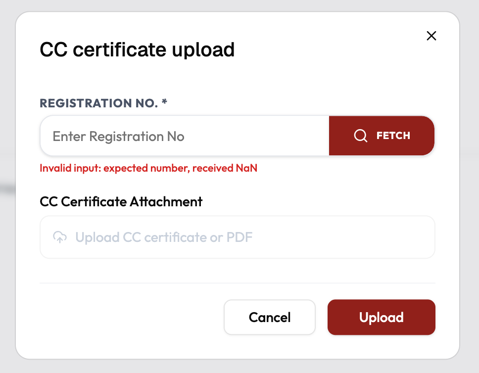CC certificate upload dialog with a Registration No field, Fetch button, and CC Certificate Attachment upload area