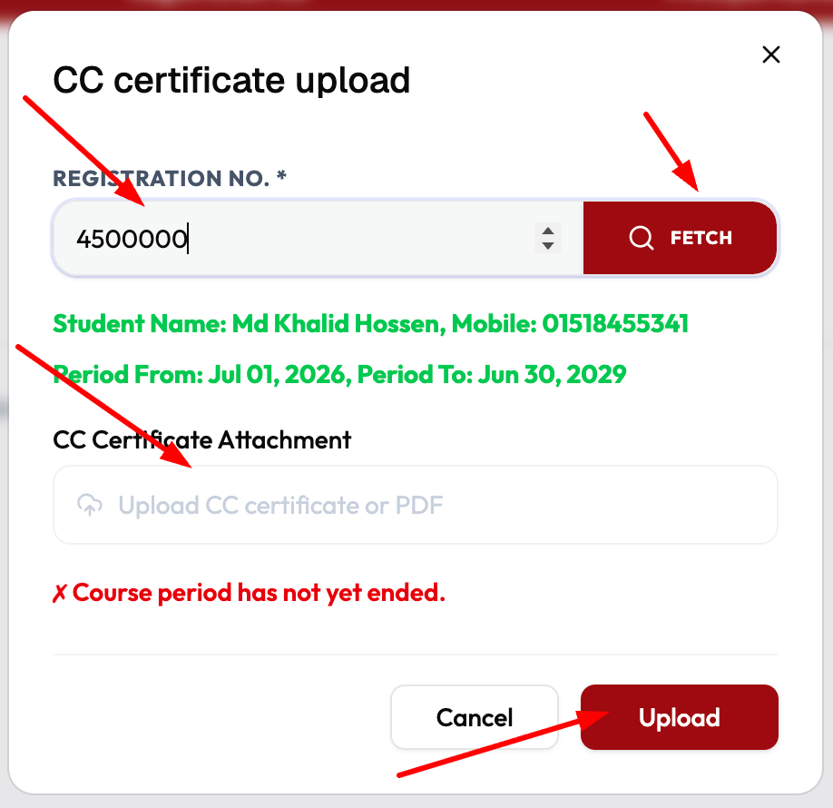 CC certificate upload dialog showing fetched student name, mobile, and Articleship period, with a Course period has not yet ended error