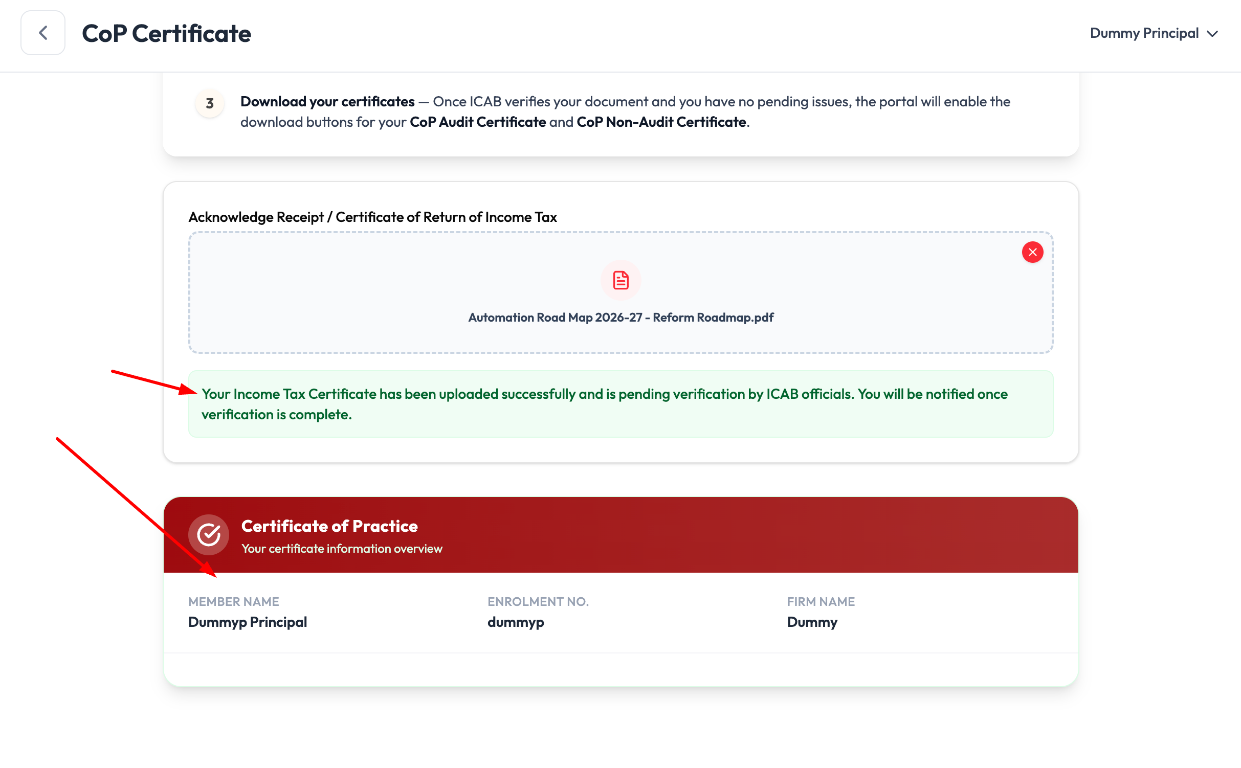 Uploaded income tax certificate with a pending verification confirmation message and Certificate of Practice overview card