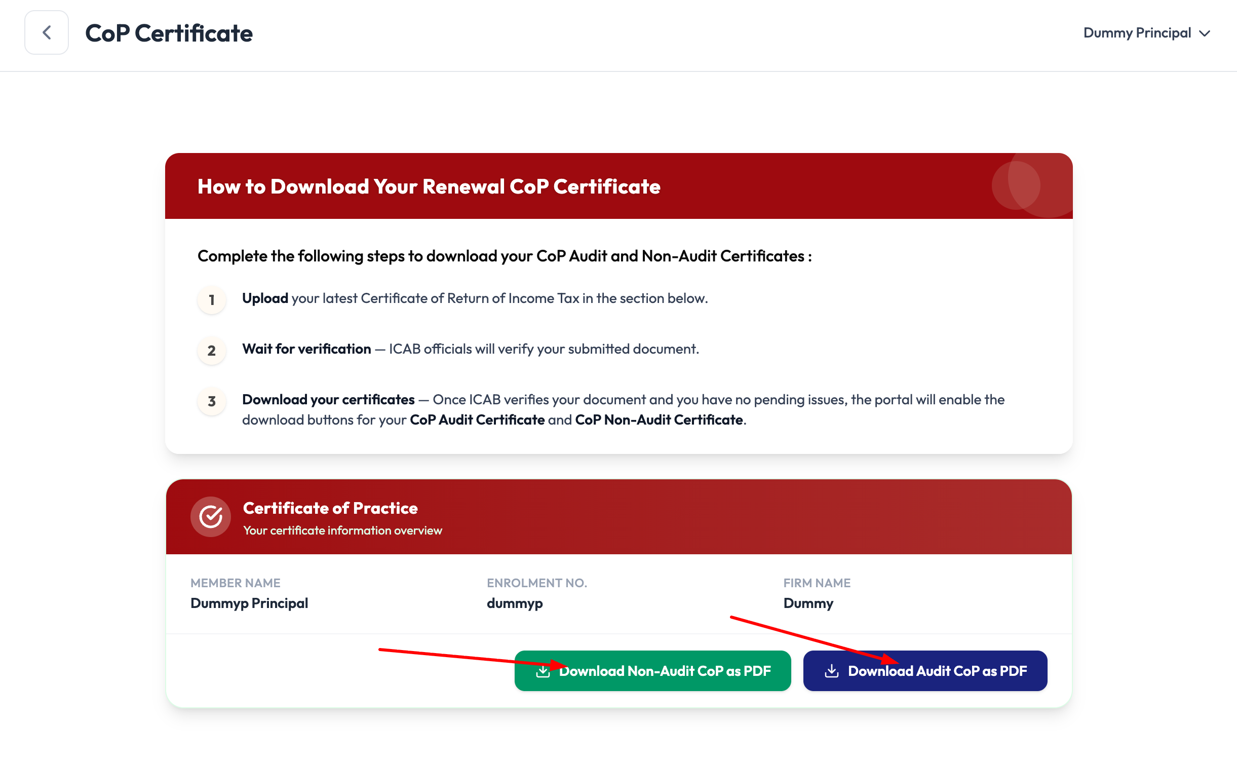 Certificate of Practice card with Download Non-Audit CoP as PDF and Download Audit CoP as PDF buttons