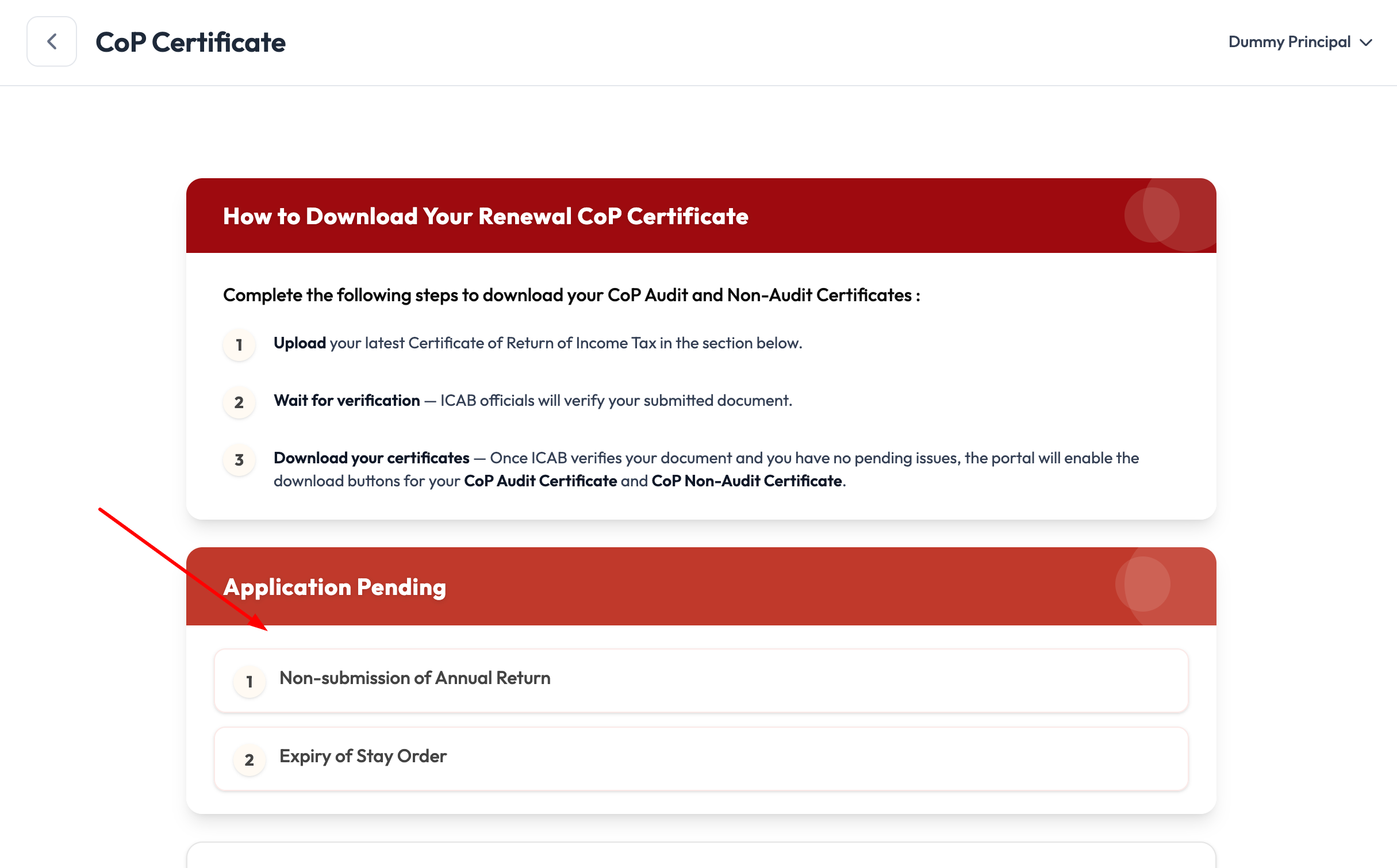 Application Pending card listing Non-submission of Annual Return and Expiry of Stay Order