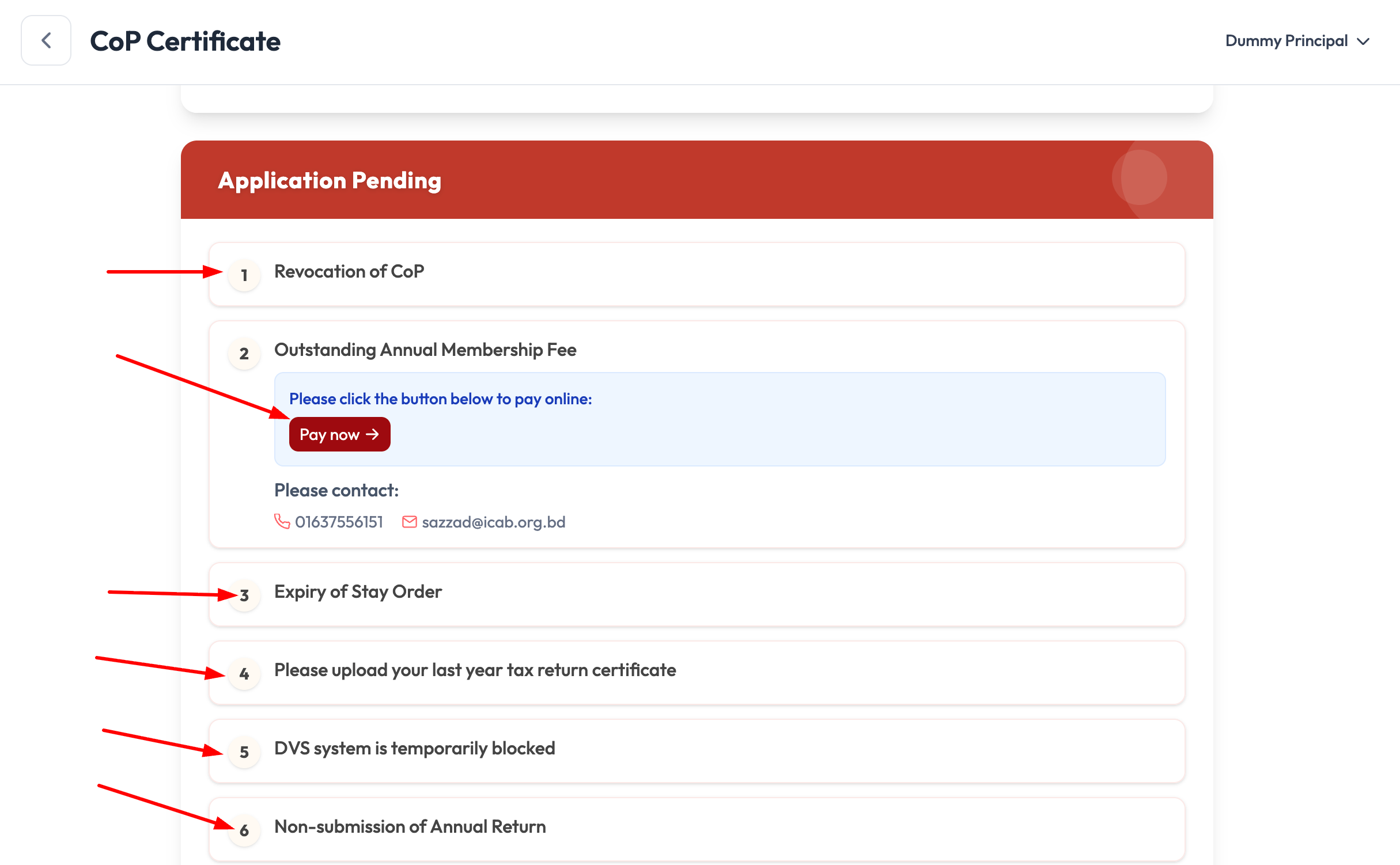 Application Pending card showing Revocation of CoP, Outstanding Annual Membership Fee with a Pay now button and contact details, and Expiry of Stay Order