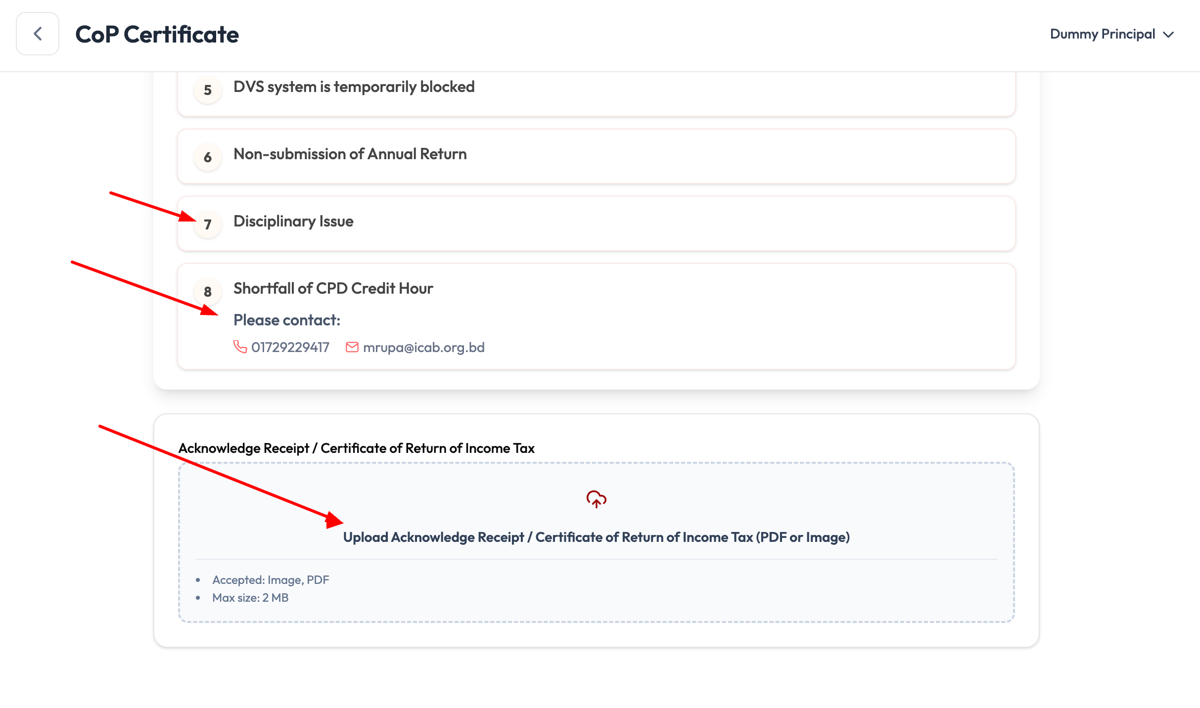 Application Pending card showing DVS system is temporarily blocked, Non-submission of Annual Return, Disciplinary Issue, and Shortfall of CPD Credit Hour with contact details