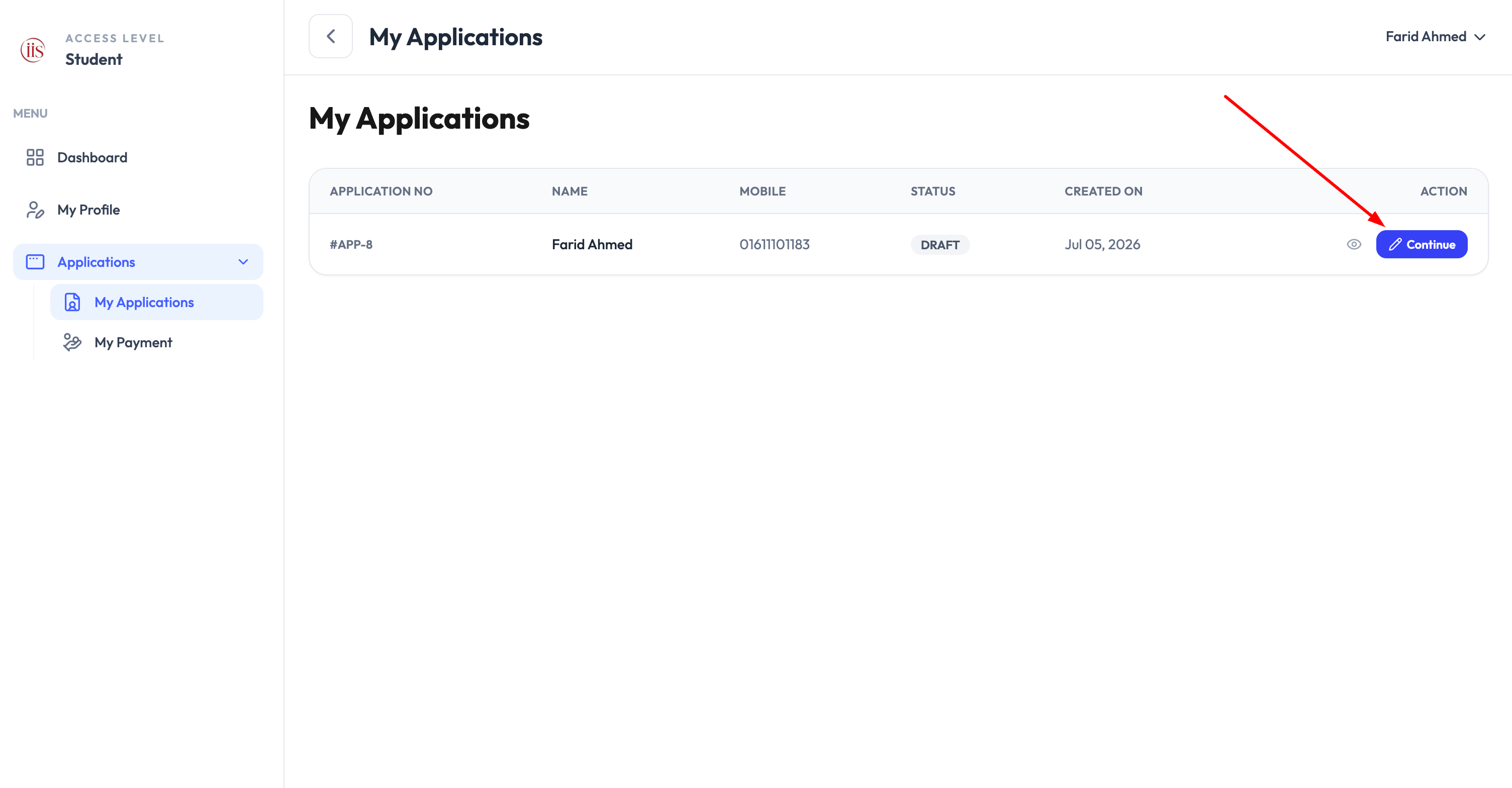 My Applications list with application number, status, and Continue action