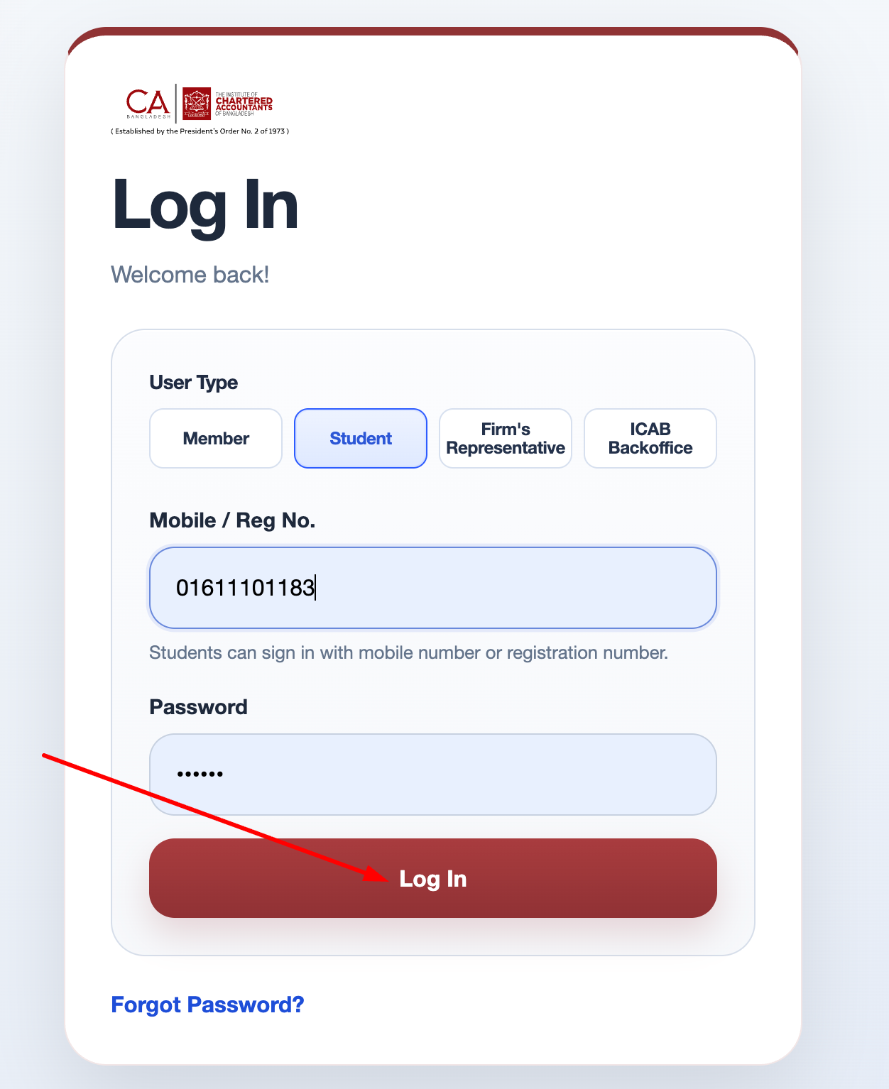 Log In screen filled in with mobile number and password, Log In button highlighted