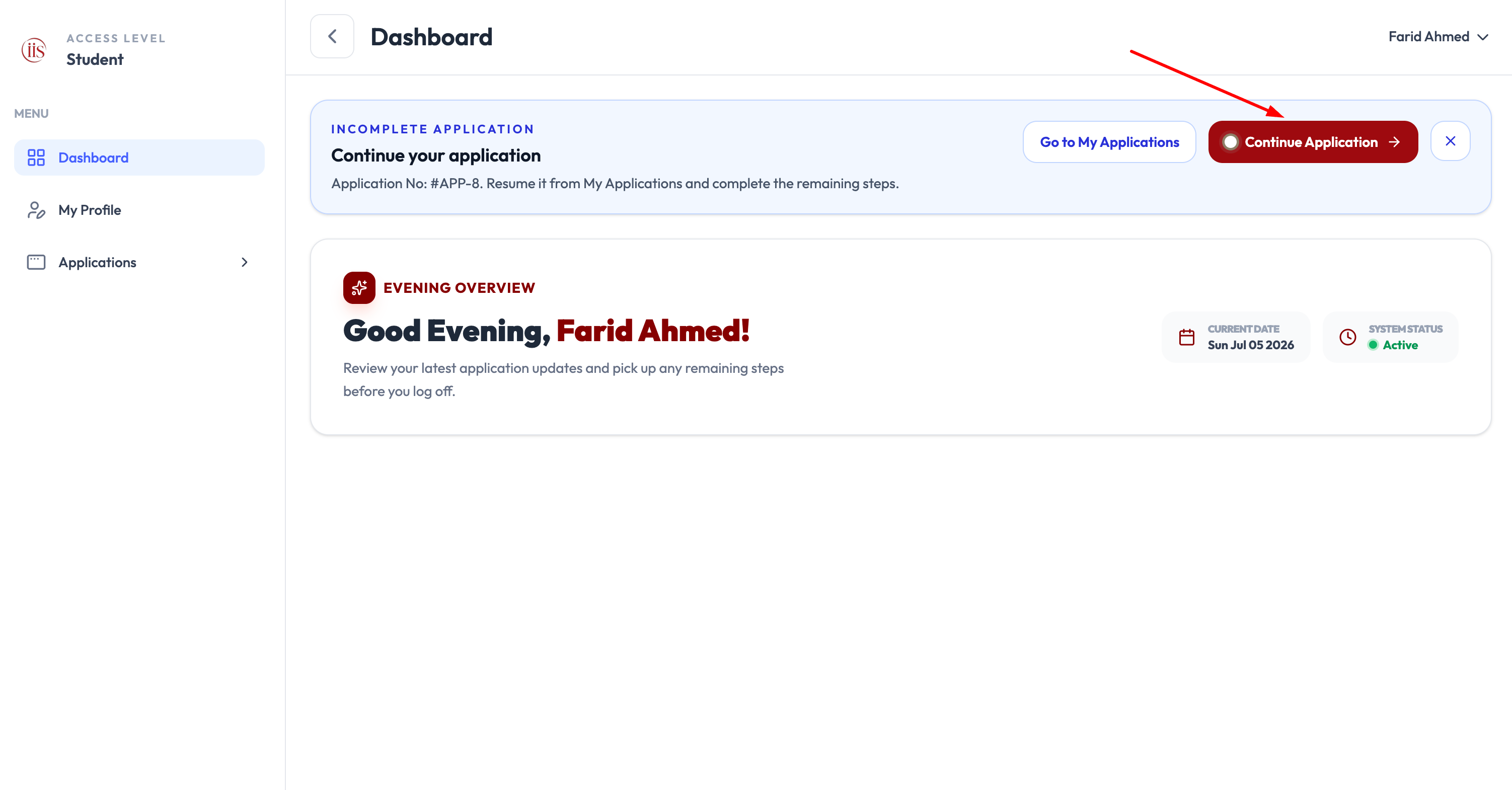 Student dashboard with Dashboard, My Profile, and Applications menu, and Continue Application banner