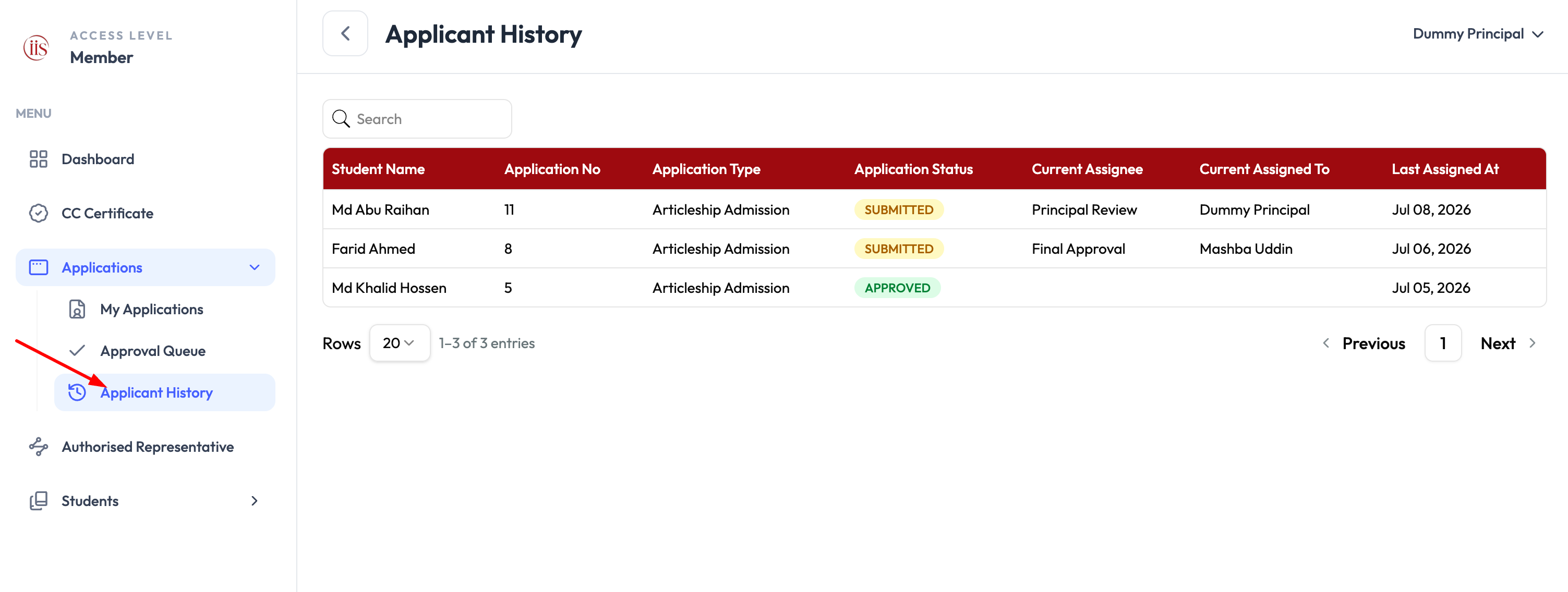 Applicant History page listing student name, application number, application type, application status, current assignee, current assigned to, and last assigned at