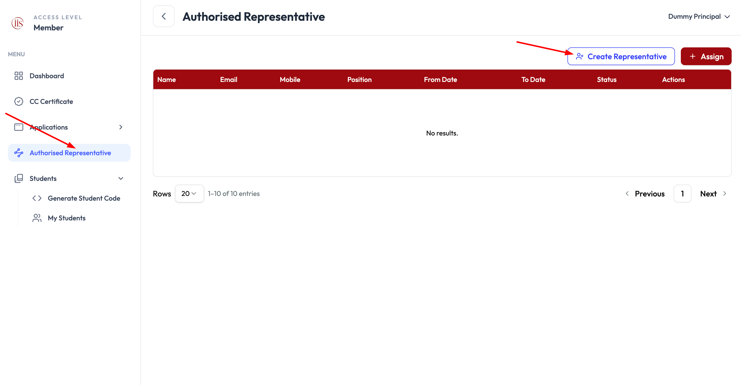 Authorised Representative page with a table of representatives and Create Representative and Assign buttons