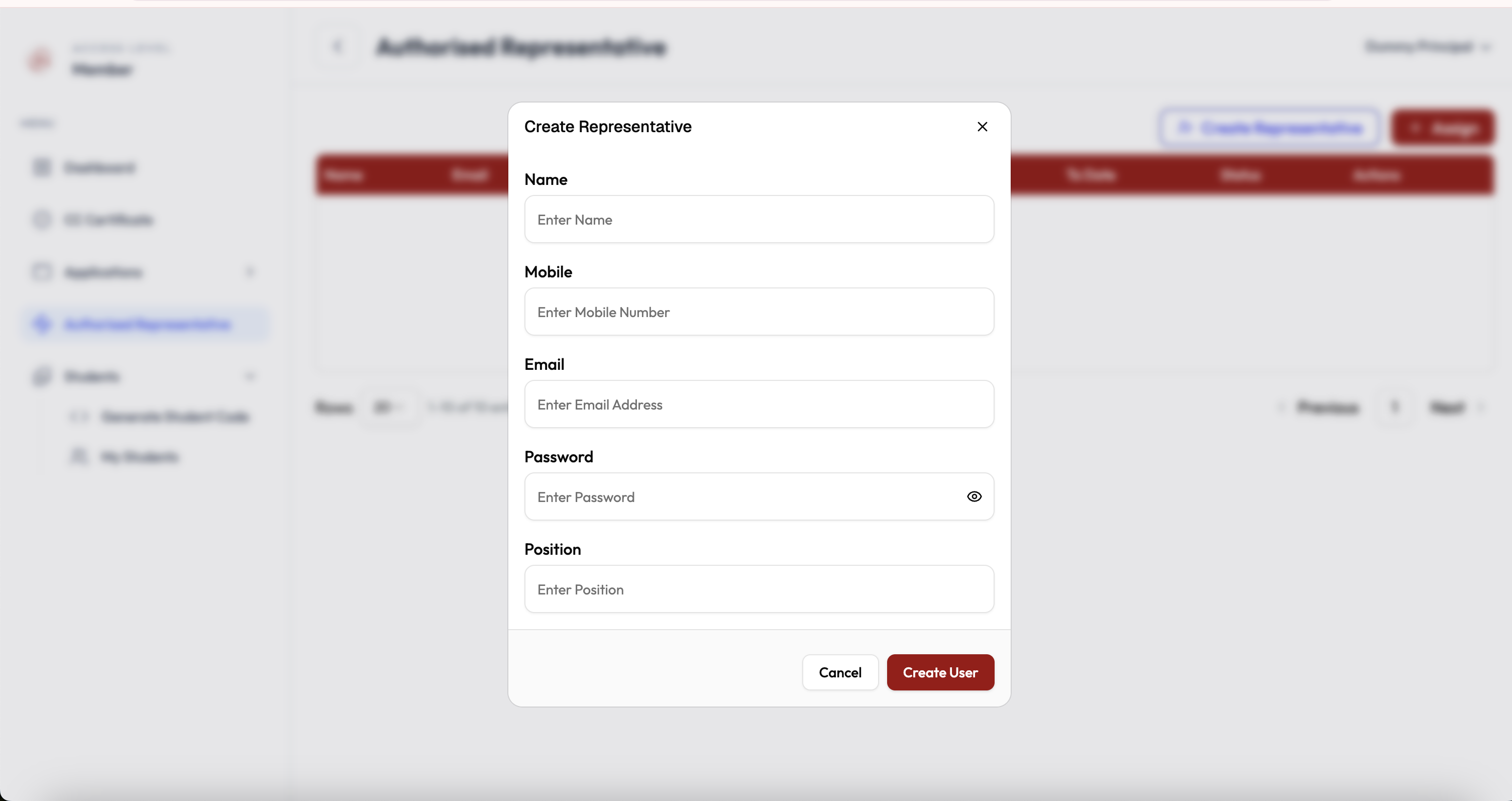 Create Representative dialog with Name, Mobile, Email, Password, and Position fields, Cancel and Create User buttons