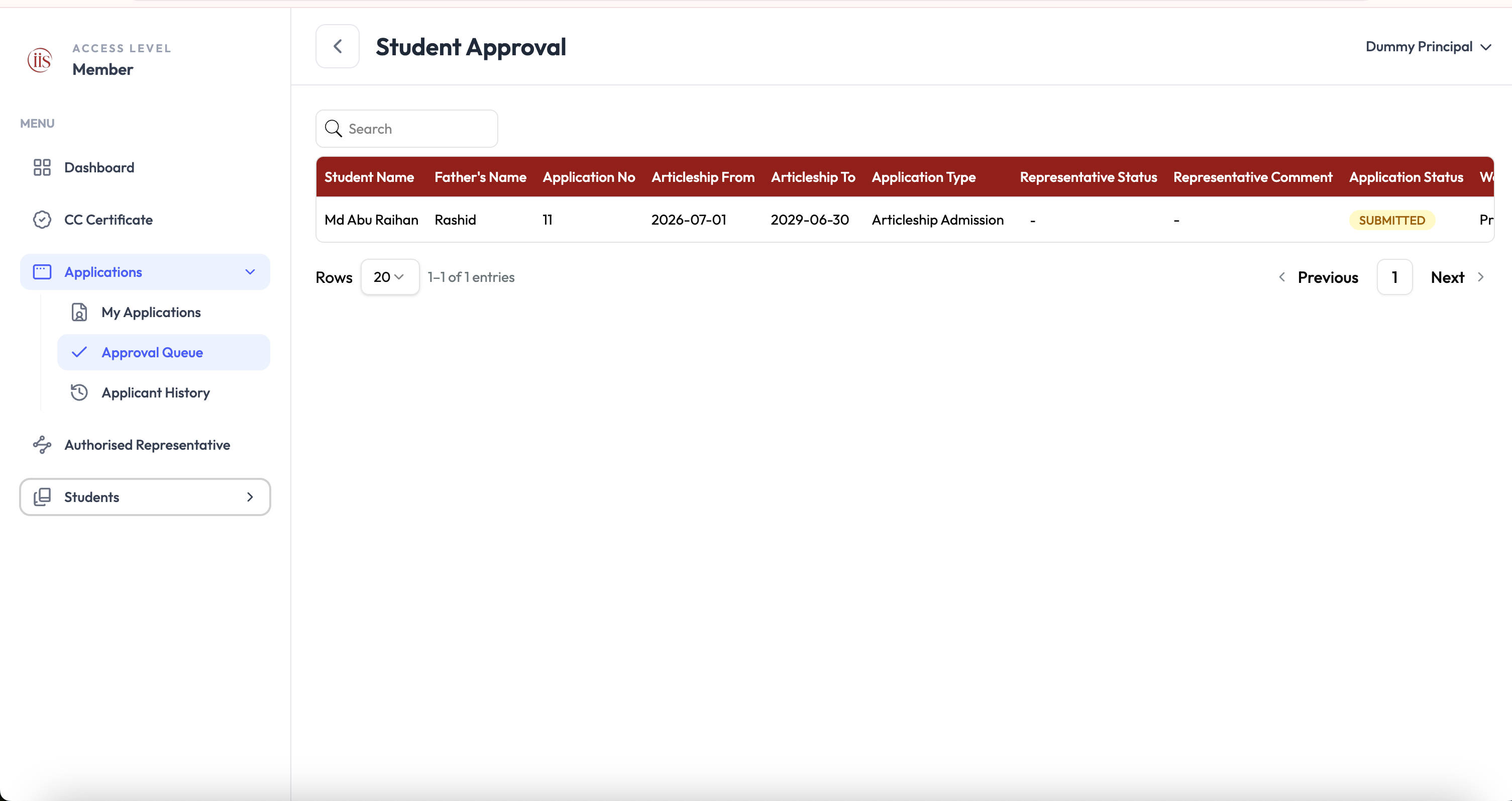 Student Approval table listing student name, father's name, application number, articleship dates, application type, representative status and comment, and application status