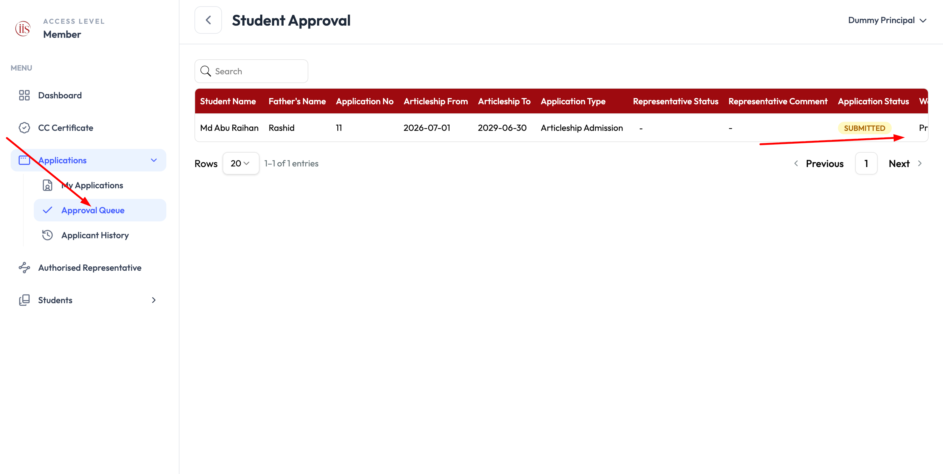 Sidebar with Applications expanded and Approval Queue highlighted, and the Student Approval table on the right