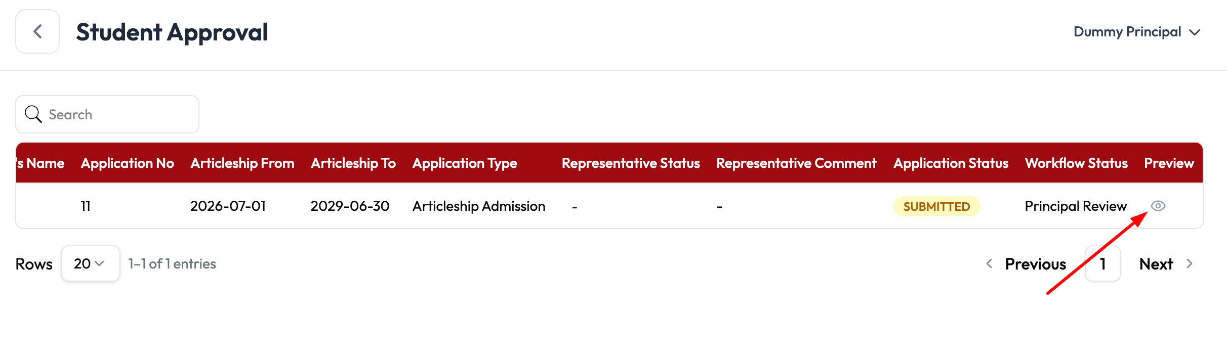 Approval Queue table scrolled right showing Application Status, Workflow Status, and a Preview eye icon