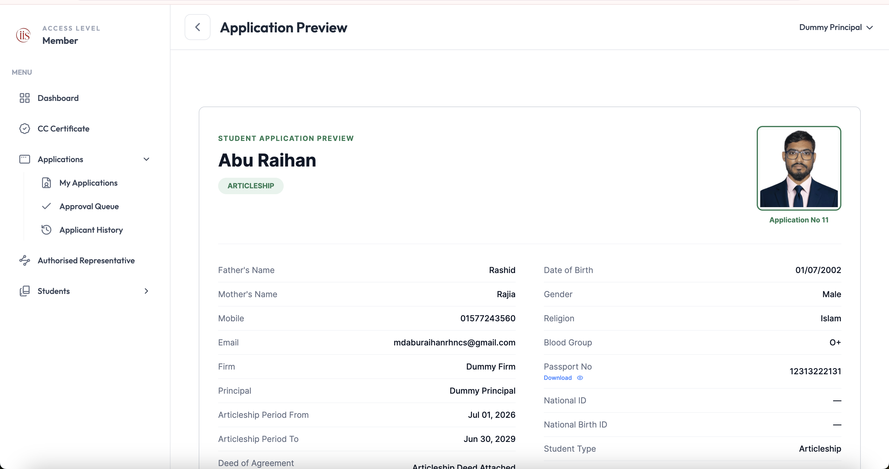 Application Preview page with student photo, personal information, firm, principal, and Articleship period