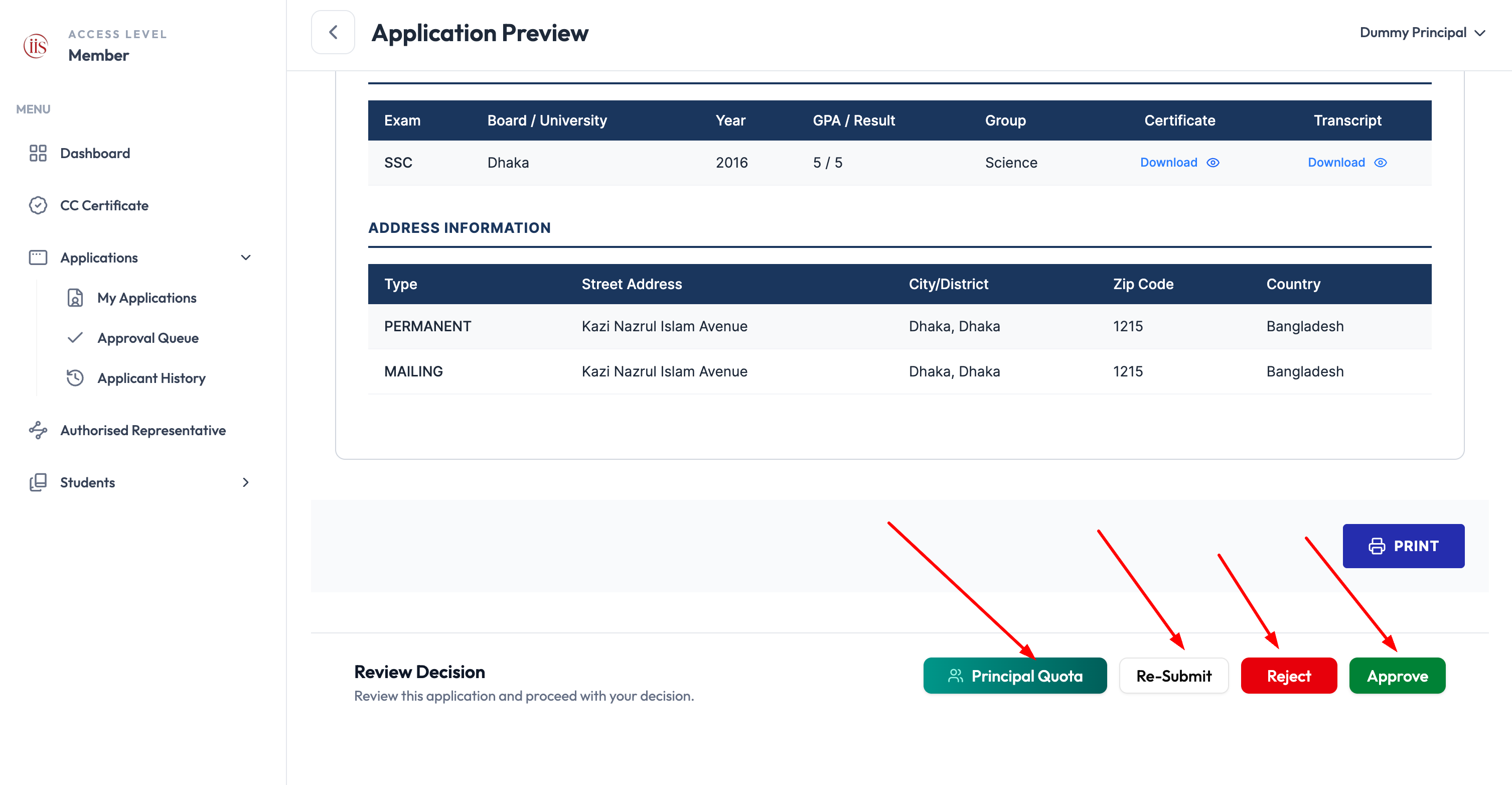 Application Preview showing exam table with certificate and transcript downloads, address information, and Review Decision buttons