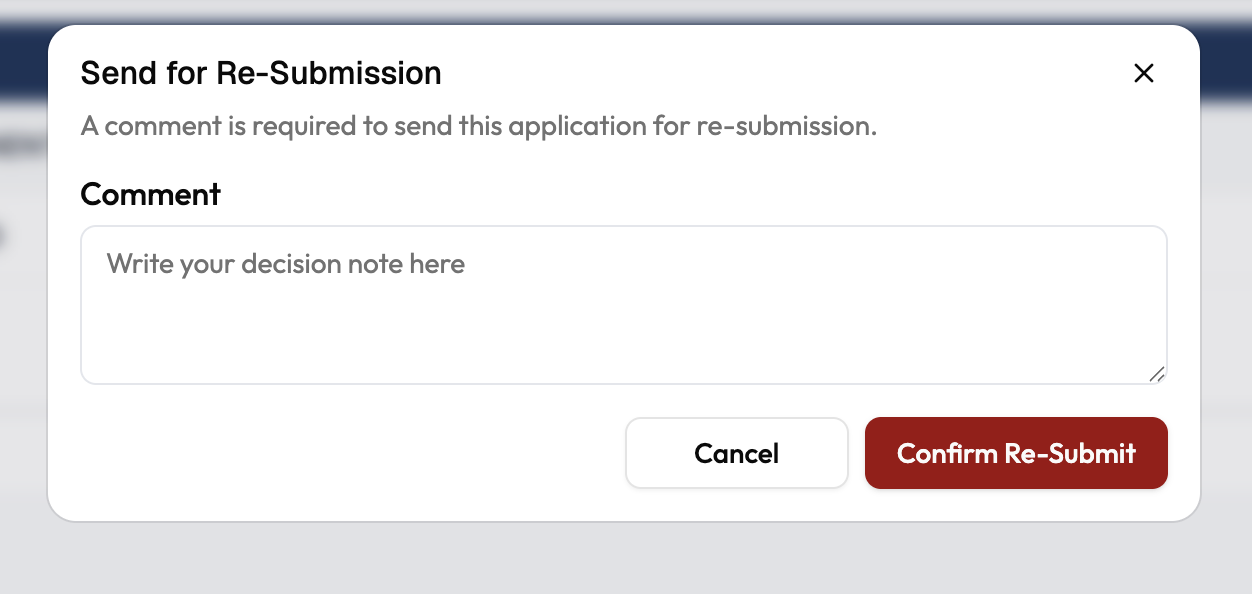 Send for Re-Submission dialog with a required comment field and Confirm Re-Submit button