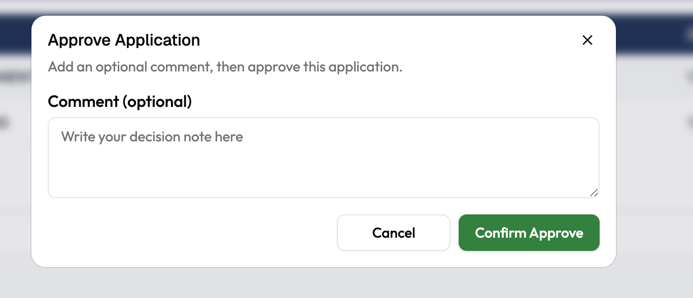 Approve Application dialog with an optional comment field and Confirm Approve button