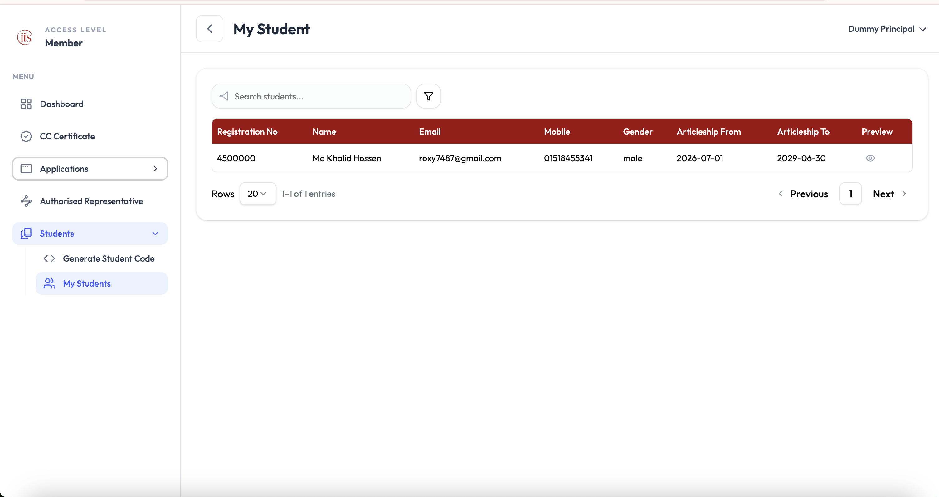 My Student page listing registration number, name, email, mobile, gender, articleship dates, and a preview action