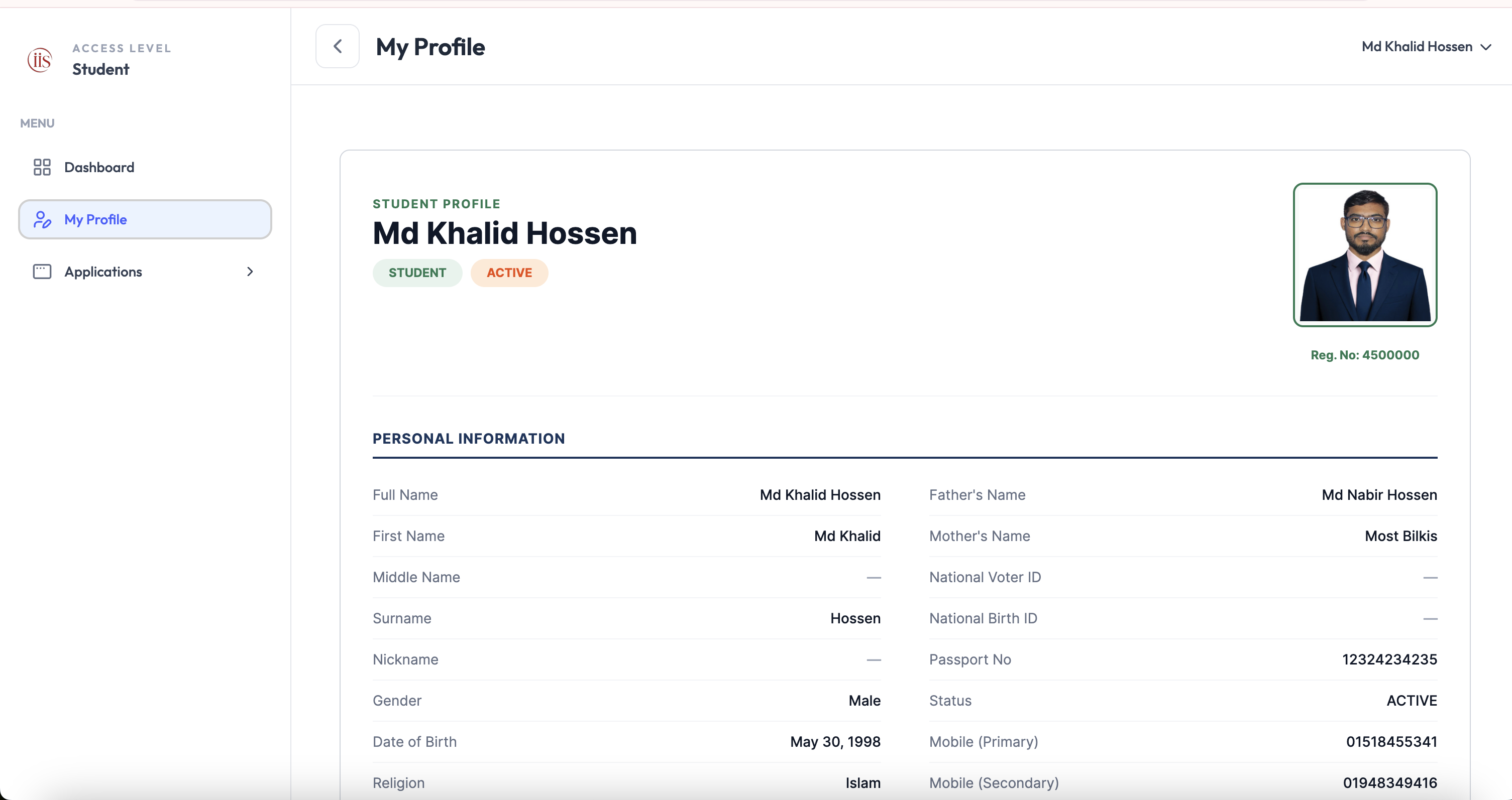 Student profile page showing personal details and photo