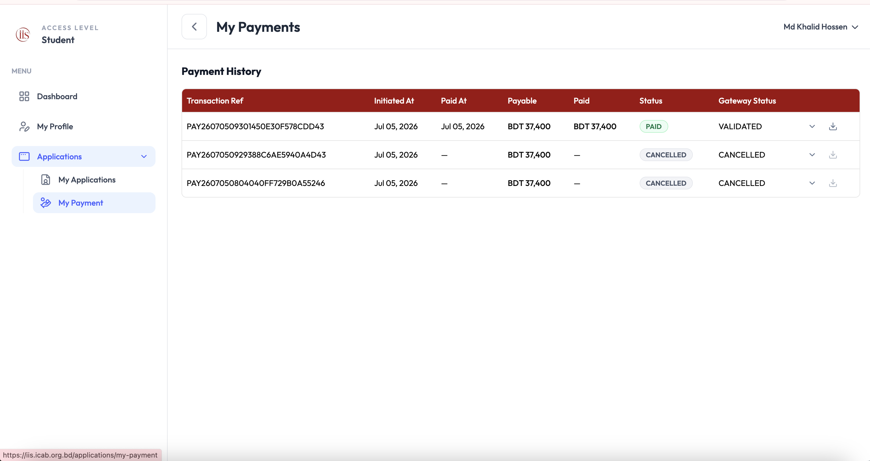 My Payments page listing transaction reference, initiated and paid dates, payable and paid amounts, status, and gateway status