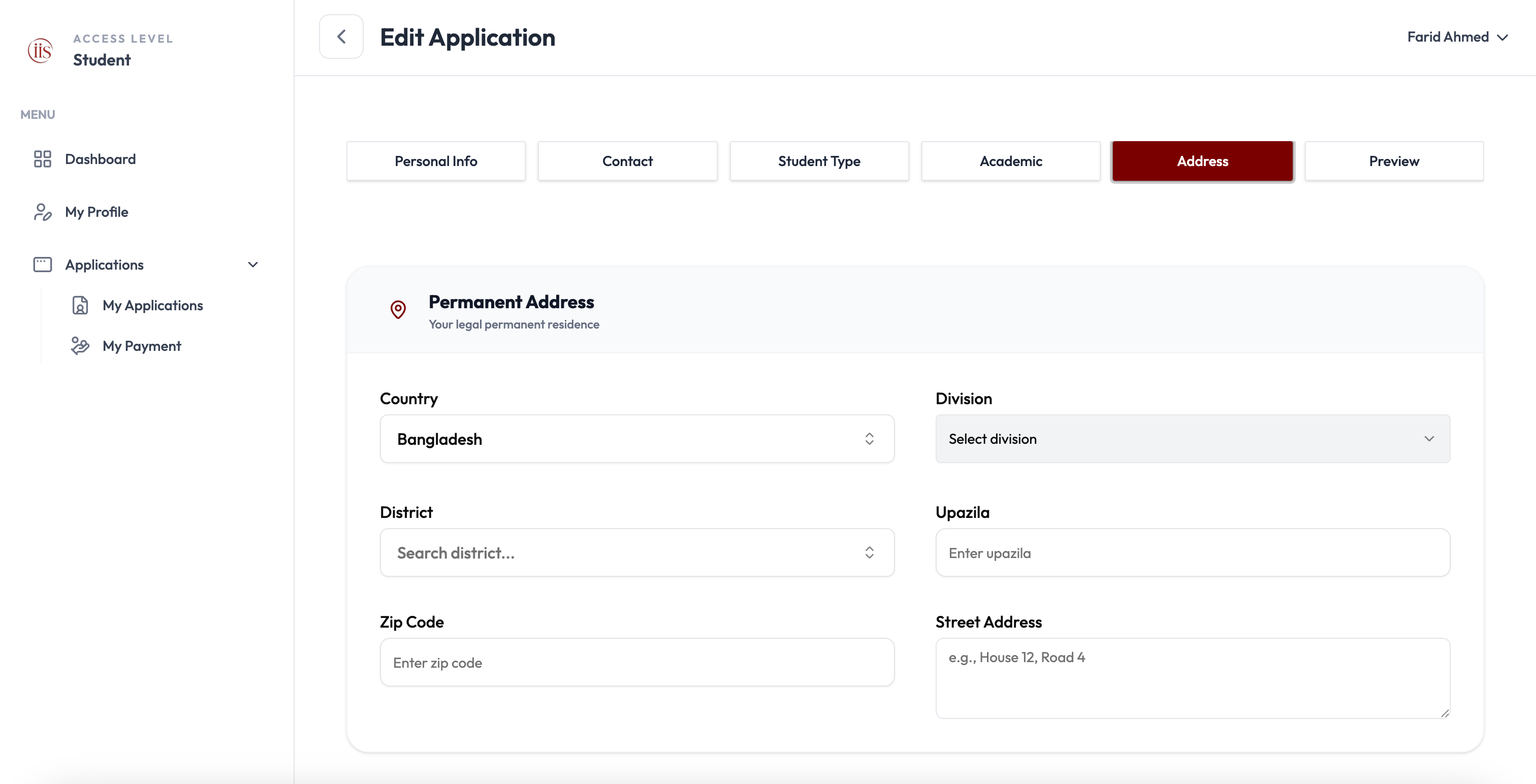 Permanent Address section with Country, Division, District, Upazila, Zip Code, Street Address