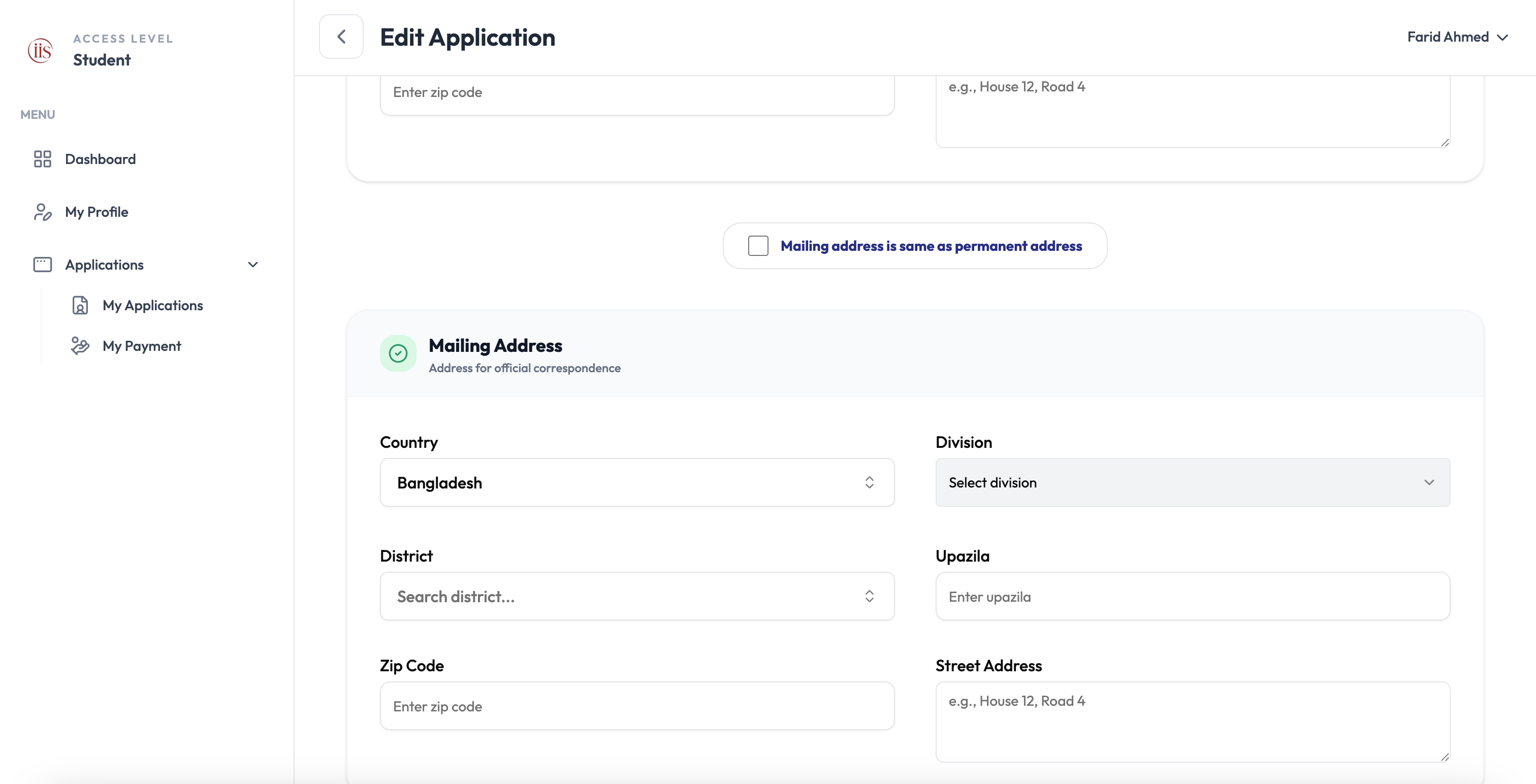 Mailing address is same as permanent address checkbox, and Mailing Address section