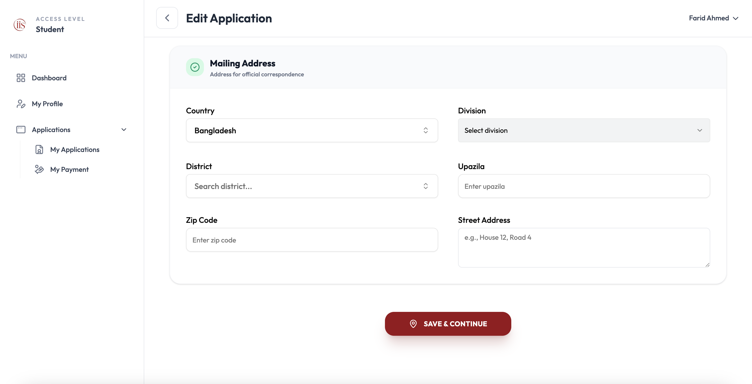 Mailing Address fields with Save & Continue button