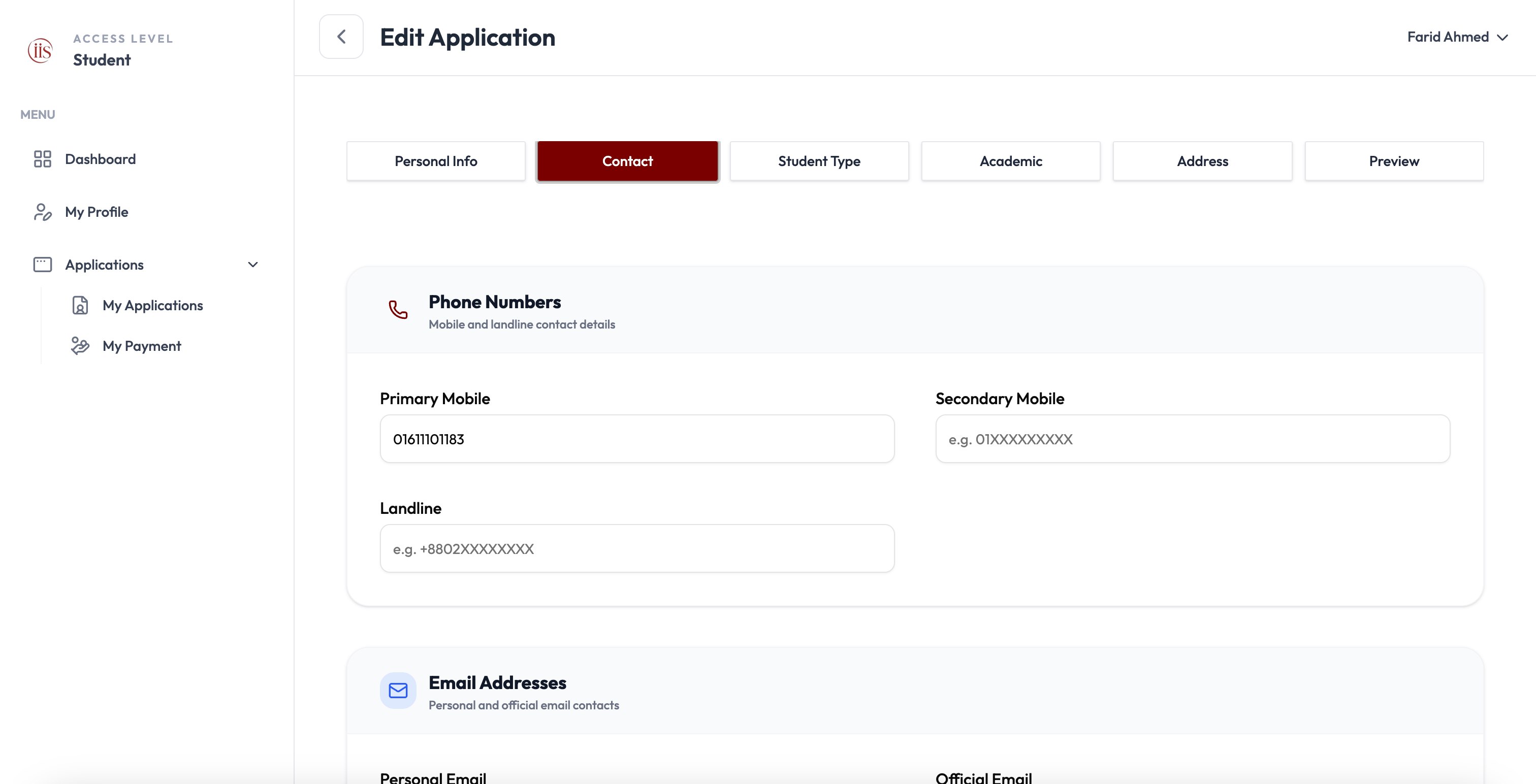 Contact tab: Phone Numbers section with Primary Mobile, Secondary Mobile, Landline