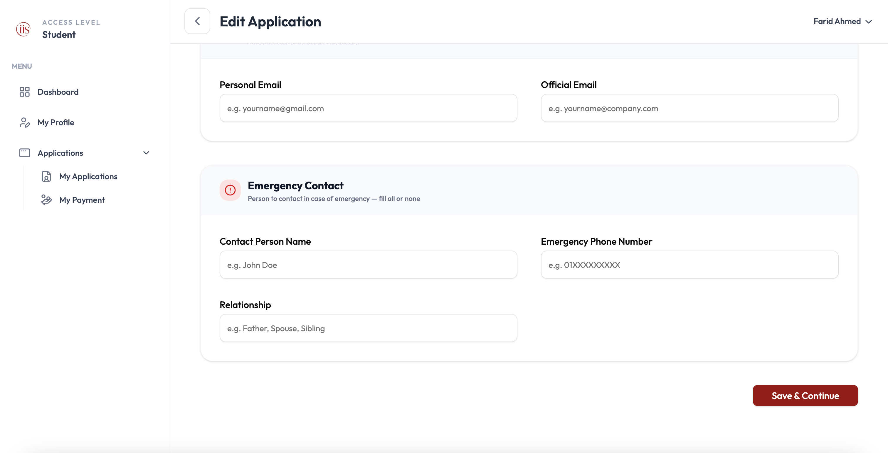 Contact tab: Email Addresses and Emergency Contact section with Contact Person Name, Emergency Phone Number, Relationship