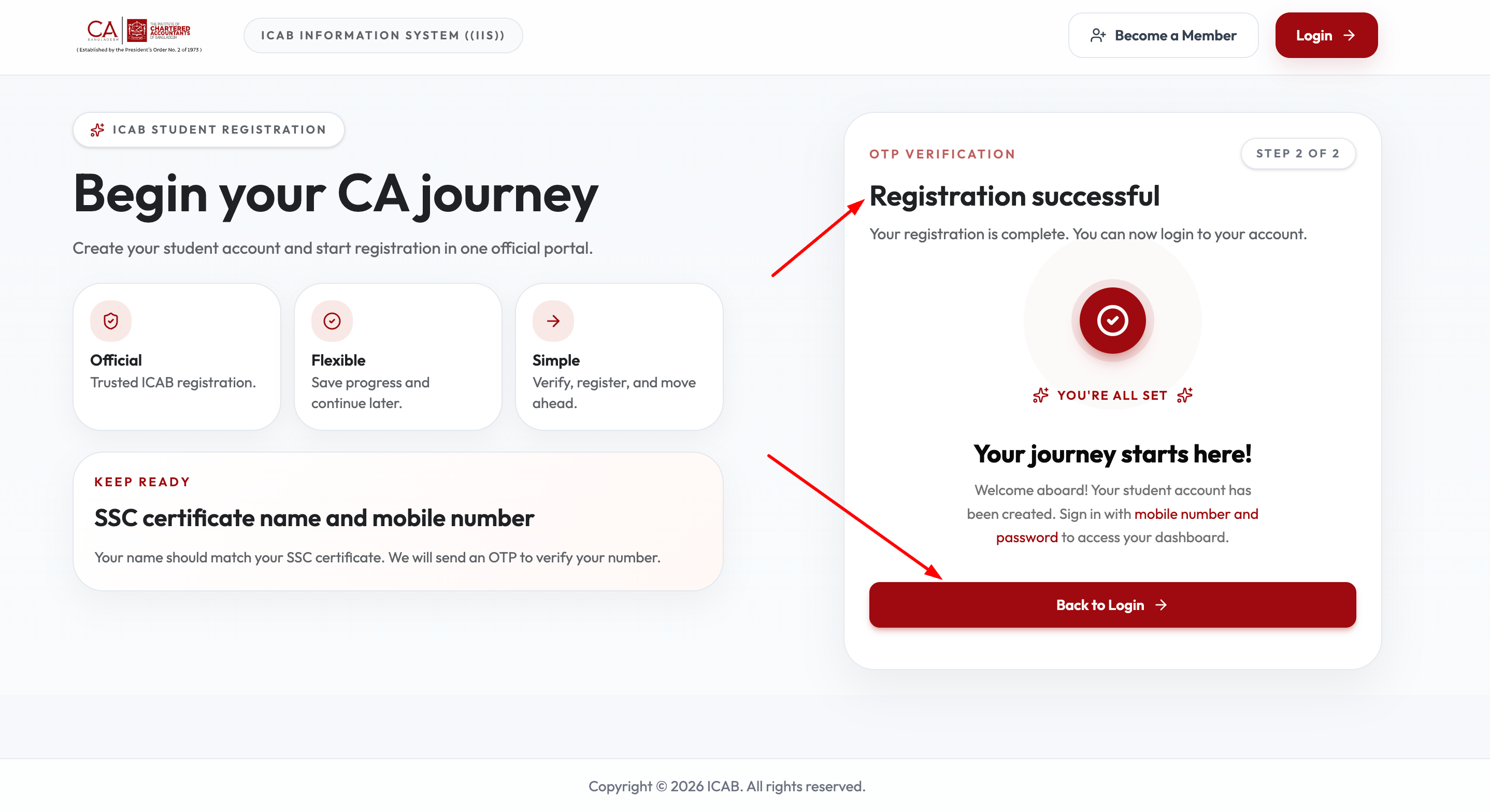 Registration successful screen with Back to Login button