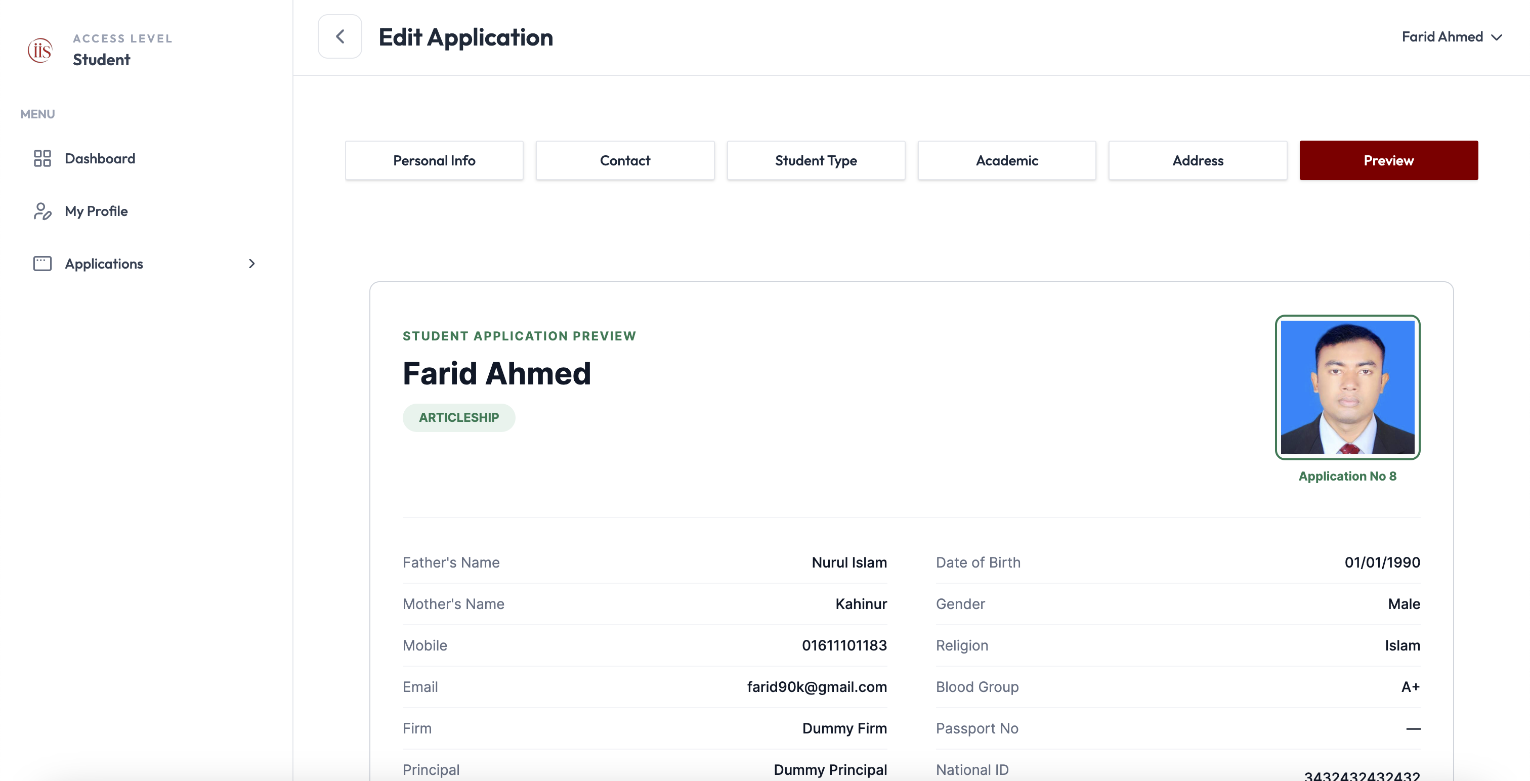 Student Application Preview showing photo, name, student type, and personal details