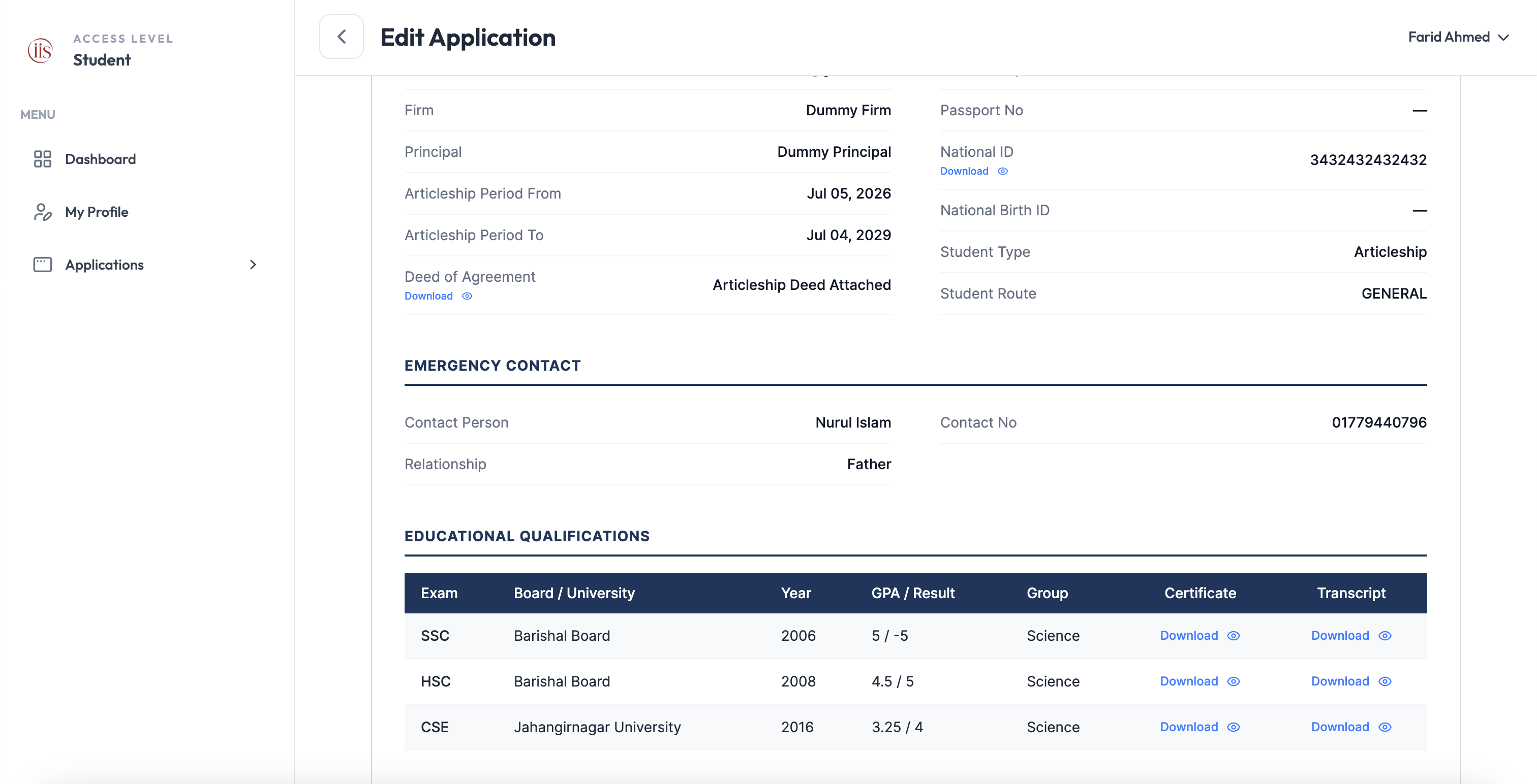 Preview showing Articleship details, Emergency Contact, and Educational Qualifications table