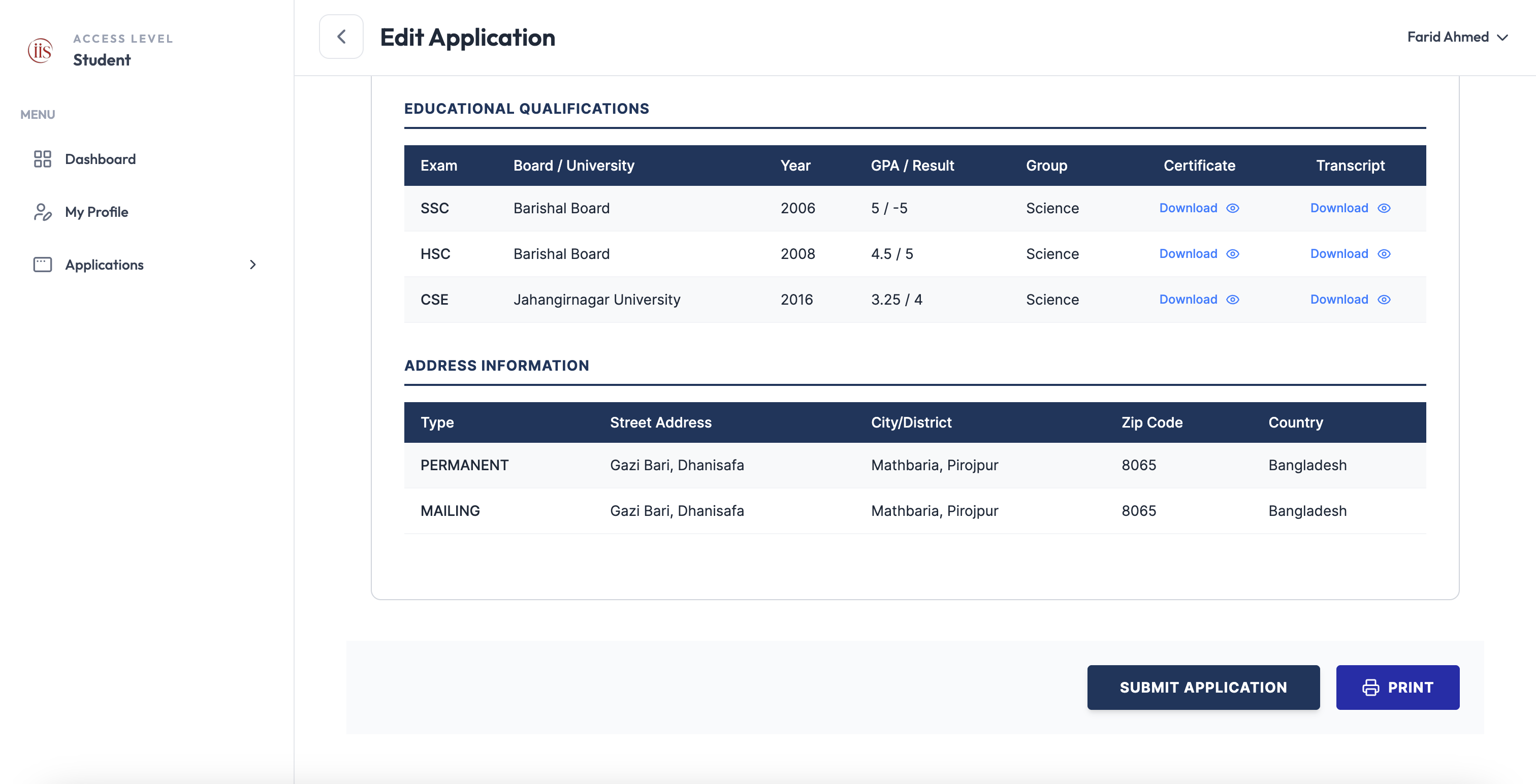 Preview showing Address Information table and Submit Application / Print buttons
