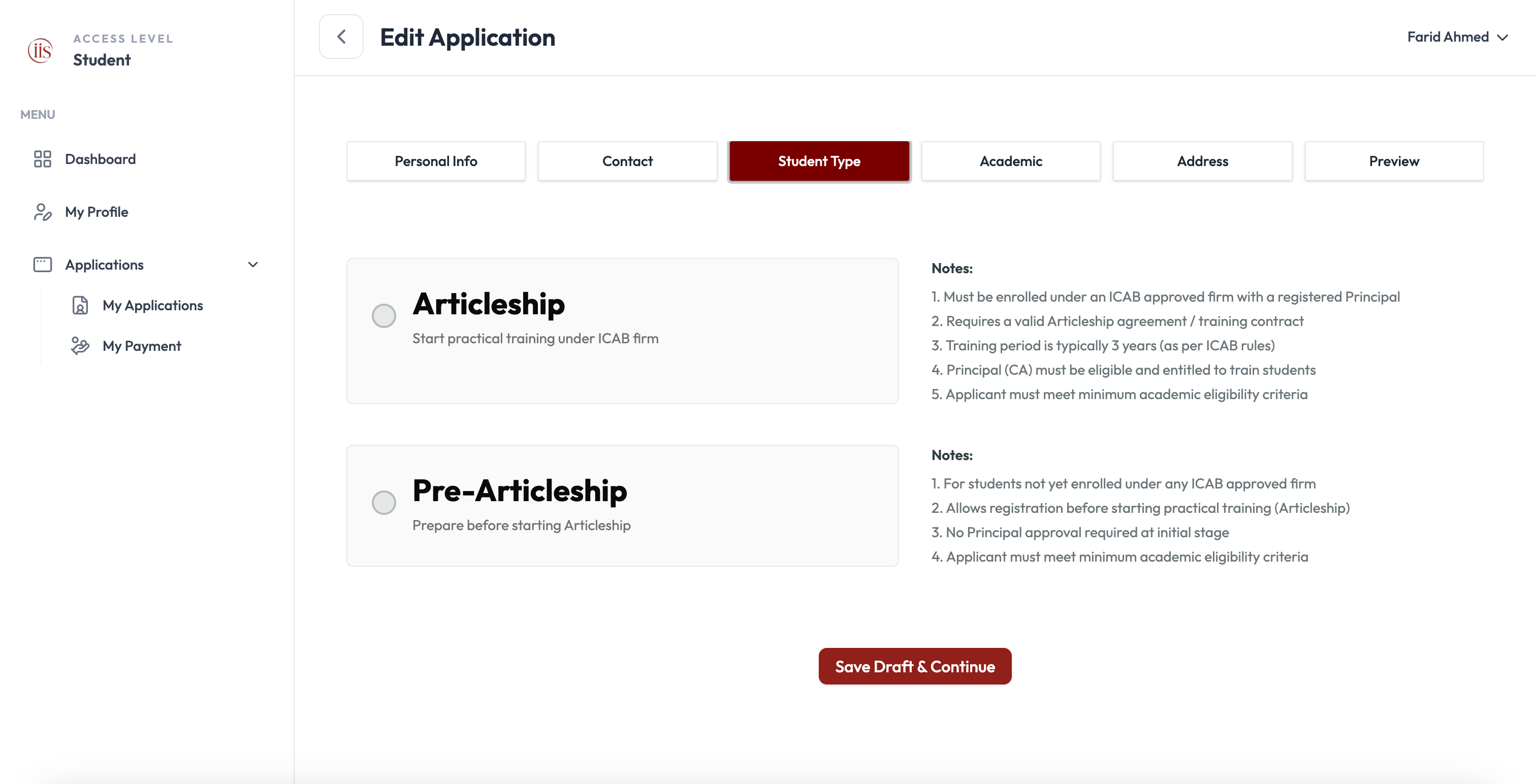 Student Type tab: Articleship and Pre-Articleship options with Notes for each