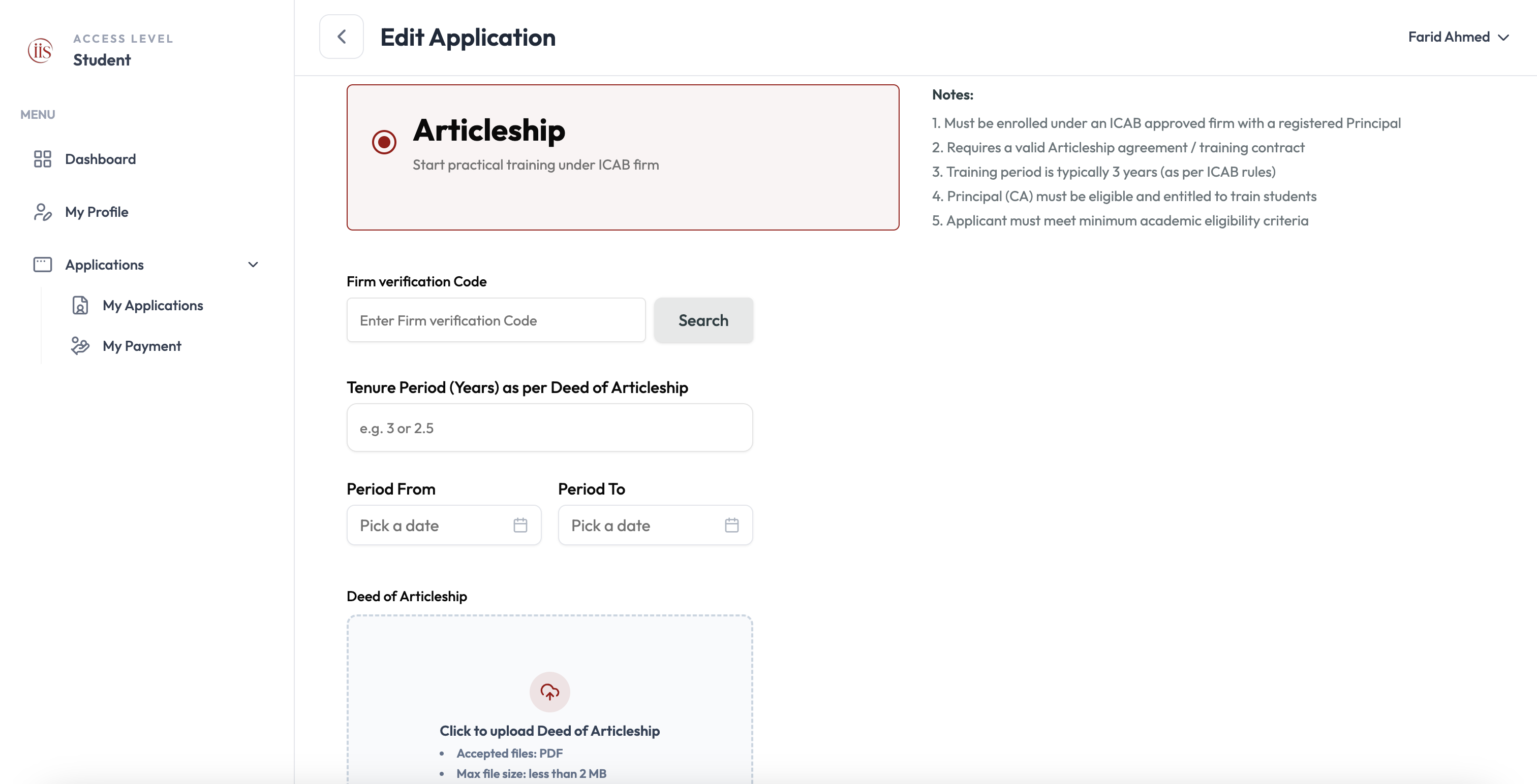 Articleship selected: Firm verification Code, Tenure Period, Period From/To, Deed of Articleship upload
