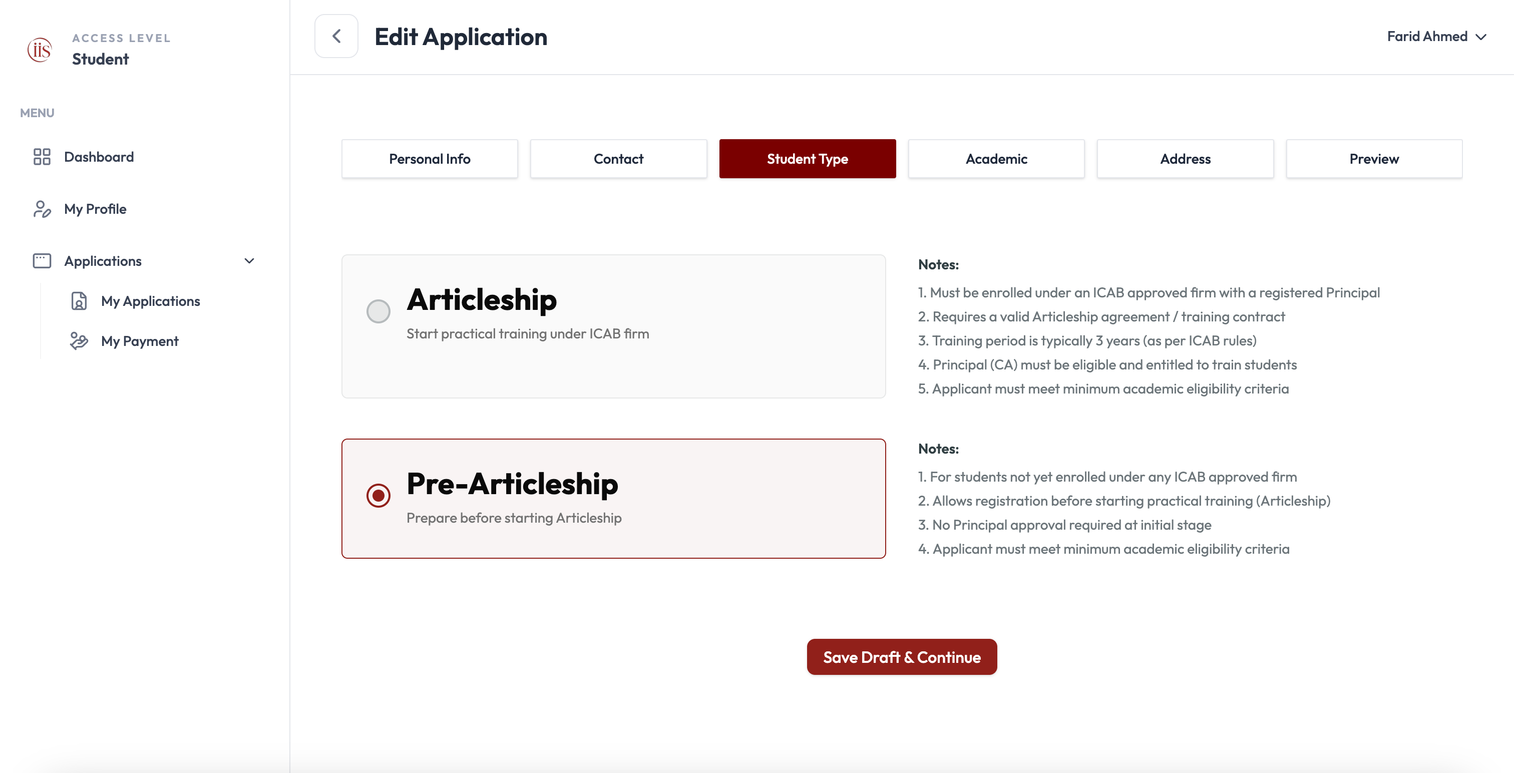 Pre-Articleship selected, no extra fields required